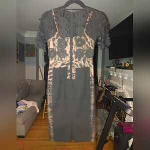 Elegant Lace Midi Dress in Gray and Cream